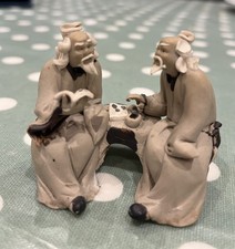 Small Unglazed Chinese Mudman Figurine Men Reading Writing Conversing 2.5” Tall