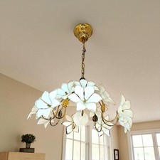 Vintage Murano Glass Floral Chandelier Brass Ceiling Light 1980s Retro Lamp