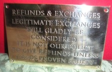 Vintage REFUNDS & EXCHANGES Solid Brass Sign Pub Bar Shop Home HUMOUR of LIFE
