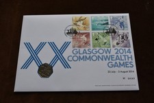 Large First Day Cover + GB 50p Coin, 2014 Glasgow Commonwealth Games