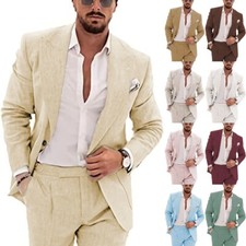 Men Linen 2Pcs Suit Summer Groom Bestman Wedding Tuxedo Blazer+Pants 42 44 46 48