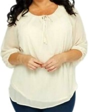 Ladies Plus Size Sheer Cream Kaftan Tunic Top Key Hole Neck Tie Bnwt Womens