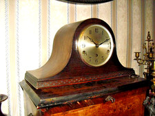 Oak 3 chime St Michael Whittington & Westminster 1930s mantel clock, GWO +  key