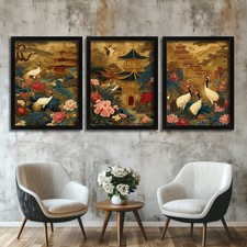 Oriental Crane Garden Wall Art Asian Landscape Set Of 3 Prints Japanese Artwork 