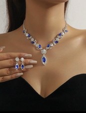 Asian Indian Blue Silver Necklace Earrings Jewellery Set Party Wedding Gift *UK*