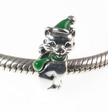 Chamilia 925 silver & enamel FESTIVE CAT kitten charm bracelet bead, Christmas