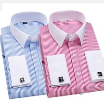 Mens Dress Shirts The White Collar Luxury Slim Fit French Cuff Formal Shirts Top