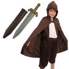 KIDS HOBBIT LORD FANCY DRESS MYTHICAL MAN HOODED COSTUME CHILDS BOYS CLOAK CAPE