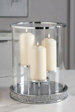 3 Pillar Candle Holder Harper Gem Silver Glass Candle Centerpiece Hurricane 32Cm