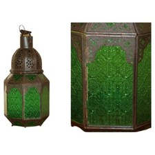 ANTIQUE REPOUSSE MOROCCAN BRONZED HANGING LANTERN JADE GREEN GLASS PANELS