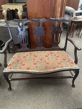 Nice Little Mahogany Chippendale Two Seater Bench With Tapestry Seat