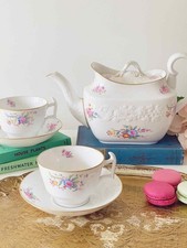 Copeland Spode Christine embossed handpainted tea set, teapot, cups, saucers