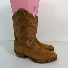 Stetson Suede Western Cowboy Boots 9 Brown Pink Embroidered Square Toe Leather