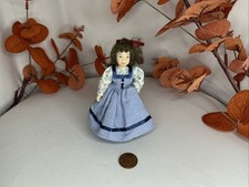 1:12 Scale Porcelain Girl Doll – Blue Pinafore Dress & Floral Blouse – Victorian