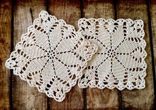 2 x Vintage hand crocheted ecru-beige cotton square bedside doilies, unused