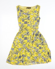 Tenki Women’s Yellow Floral A-Line Belted Sleeveless Dress Size 8