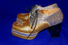 Vintage glam rock 70s style gold silver glitter platform lace up shoes 10 /11