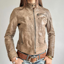 Women's Tan Real Leather Moto