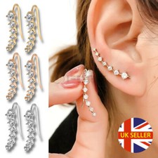 Long Bar Ear Cuff Climber CZ Stud Earrings 925 Sterling Silver Plated Rose Gold