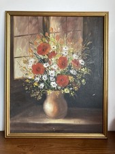R Cox Oil Painting Floral Still Life flowers poppies daisy  in vase gold framed 