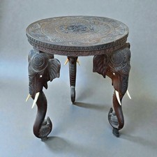Antique Anglo Indian Carved Elephant Table Round Wooden Side Table