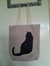Handmade Beige Black Cat Tote Bag