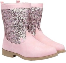 GIRLS PINK SPARKLE GLITTER BOOTS COW GIRL ANKLE BOOTS WITH SIDE ZIP UK SIZE 7-2