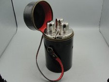 Travelling Leather Case with 3 Glass Drinks Flasks. Stamped 'Real Hide' VGC
