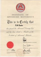 Institute of Advanced Motorists Certificate Signed by HRH Prince Richard 1972