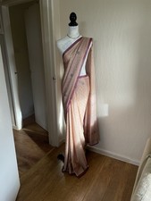 Nude and magenta printed silk sari