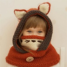 Kids Adult Fox Hood Knit Hat Scarf Mask Set Warm Winter Handmade Beanie Costume