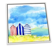 Seaside Beach Huts Blue CANVAS FLOATER FRAME Wall Art Square Print