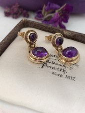 9ct Gold Amethyst Cabochon Earrings, Drops With Butterfly Backs, Hallmarks