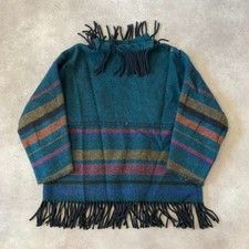 Lapp Landers Poncho Jumper Mens Medium Virgin Wool Fringe Sweater, Green