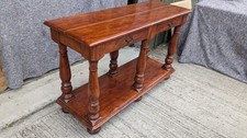 Vintage long solid wood console hall table pillars on raised bun feet 2 drawers