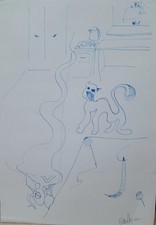 A3 Sketchbook Drawing in blue ink dream story original art by Patrick Green