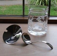 Stuart Crystal Cascade Fuchsia Cut with Silver Plate Lid  & Spoon Preserve Pot