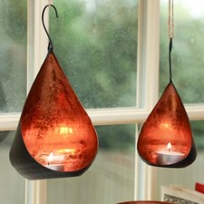 Set of 2 Copper Tea Light Holders Hanging Teardrop Tealight Candle Lanterns