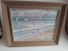Beach Oil Painting - Seagull Landscape Fine Art Signed By MB - Nature Birds Sea