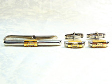 Vintage Gucci Cufflinks & Tie Pin Clip Bar set GG Logo Gold Silver Made In Italy