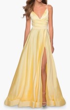 MSRP $408 La Femme Strappy Back Satin Ballgown Pale Yellow 6 Prom Wedding