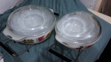 Pyrex Casserole pair of Dishes with lids Harvest Vegetable Design and stands