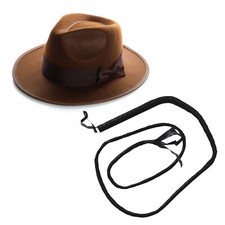 BROWN FELT FEDORA HAT & 5.5FT BULL WHIP WESTERN EXPLORER FILM FANCY DRESS SET