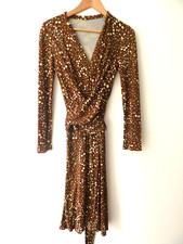 ISSA LONDON DESIGNER brown khaki green cream CHERRIES Wrap up dress Size 8 10