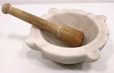 Antique 19th Century Carrara Marble Mortar & Wooden Pestle