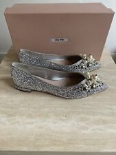 Miu Miu Silver Glitter Pointy Ballerina Shoes Size EU39.5 Brand New