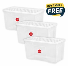 (Pack of 3) 110L CLEAR PLASTIC Extra Large Storage Boxes with Lids - UK Made