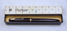 English Parker Duofold AF. Drk. Brown/GPT. Medium 14ct N nib. c. 1950. Bxd. VGWC