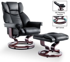 Leather Recliner Chair Sofa Armchair Lounge Swivel Chair W/ Foot Stool Wood Base
