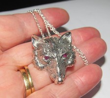 Embossed Sterling silver & ruby dog fox timber wolf brooch pin necklace pendant